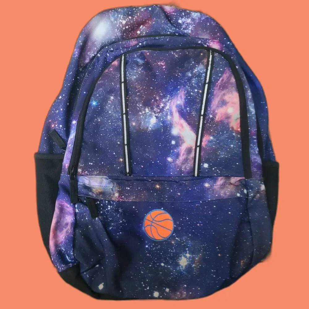 Lands End Class Mate Large Backpack Galaxy Print with Embroidered Basketball EUC